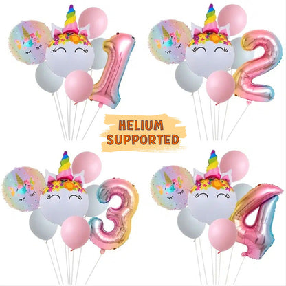 Unicorn-themed Number Balloons Kit - 7 pcs - Rainbow Number Balloons - Helium Supported