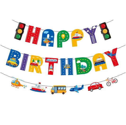 Transportation Birthday Theme Happy Birthday Banner Set of 2 Pieces - Car Or Traffic Zone Theme Party Decorations