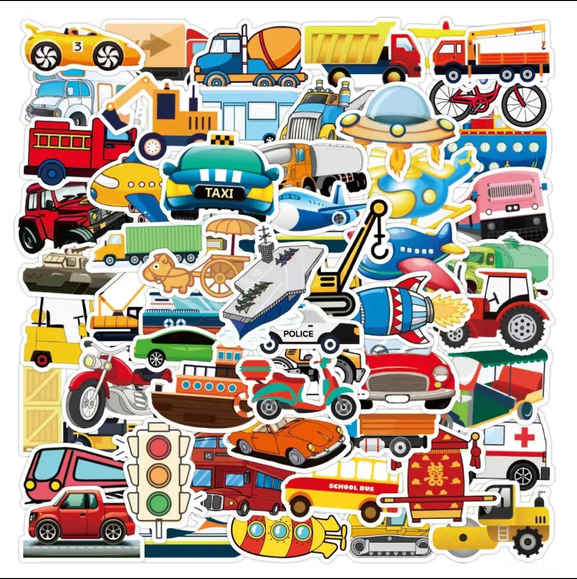 TransportationStickers Pack - 50 pcs - Cartoon Style 2 - Gifts & Birthday Favors - Vehicle Vinyl Stickers For Notebooks, Hydro Flasks, Helmets, Laptops, Skateboards