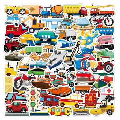 TransportationStickers Pack - 50 pcs - Cartoon Style 2 - Gifts & Birthday Favors - Vehicle Vinyl Stickers For Notebooks, Hydro Flasks, Helmets, Laptops, Skateboards