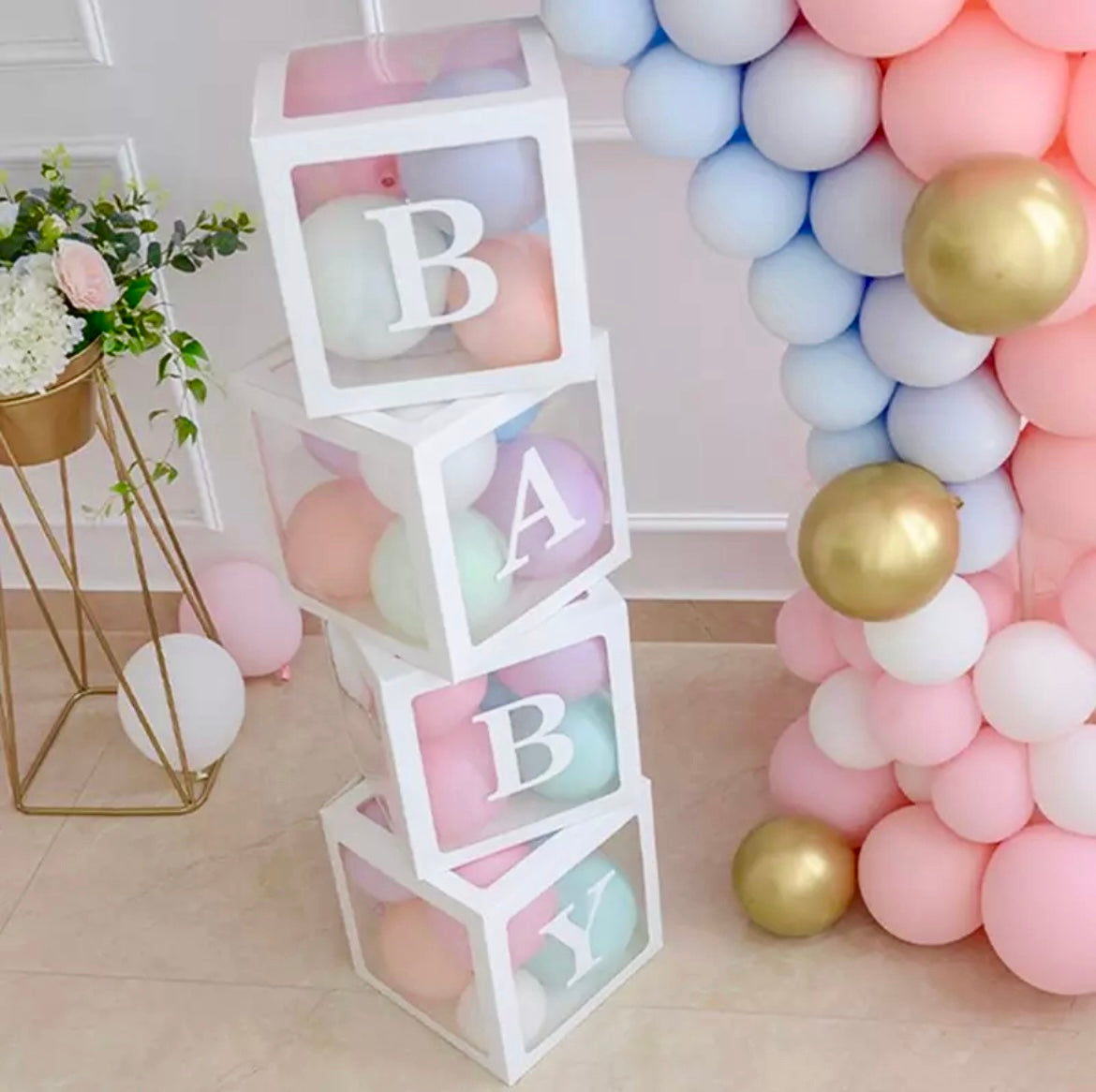 Baby Boxes with BABY Letters, Baby Shower Decorations, Transparent Balloon Boxes Backdrop, Baby Blocks for Baby Boy or Girl Shower 1st Birthday, Bridal Shower, Gender Reveal