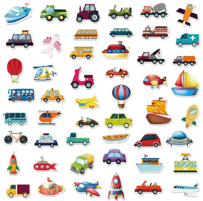 Transportation Stickers Pack - 50 pcs - Cartoon Style 1 - Gifts & Birthday Favors - Vehicle Vinyl Stickers For Notebooks, Hydro Flasks, Helmets, Laptops, Skateboards