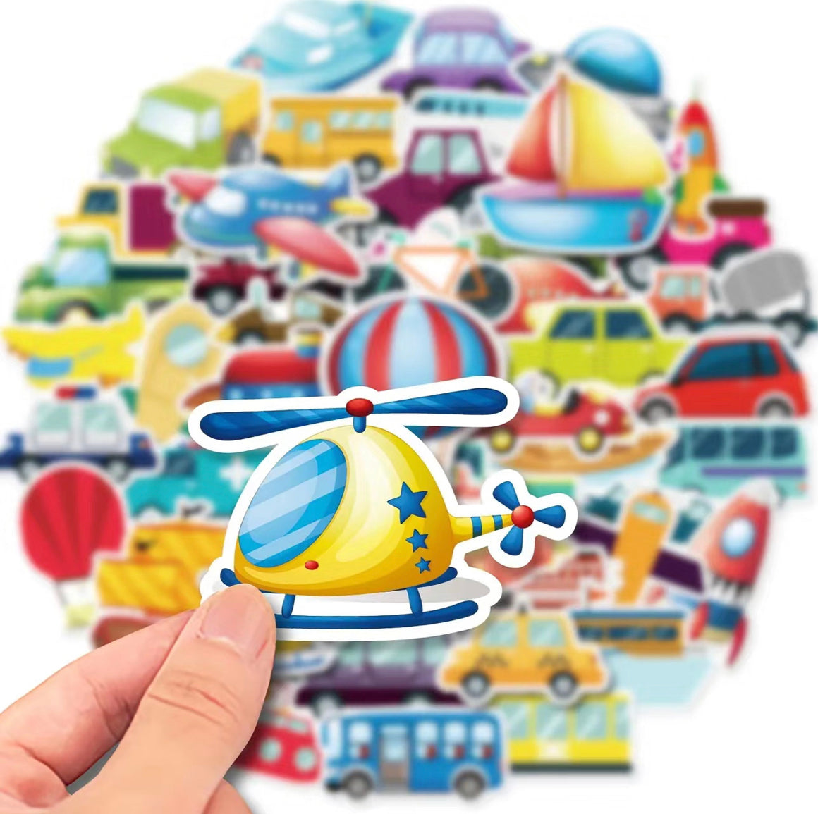 Transportation Stickers Pack - 50 pcs - Cartoon Style 1 - Gifts & Birthday Favors - Vehicle Vinyl Stickers For Notebooks, Hydro Flasks, Helmets, Laptops, Skateboards