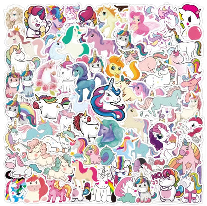 Unicorn Stickers Pack - 100 pcs - Cartoon Style 2 - Gifts & Birthday Favors -  Unicorn Vinyl Stickers For Notebooks, Hydro Flasks, Helmets, Laptops, Skateboards