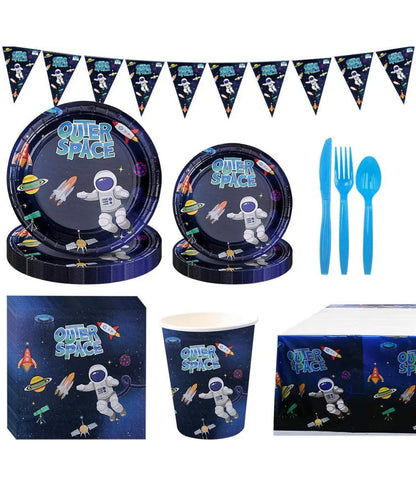 Space, Astronaut-Themed Party Tableware Set - Combo - Birthday Banner, Tablecloth, Plates, Napkins, Cups - Space Birthday Theme Decoration