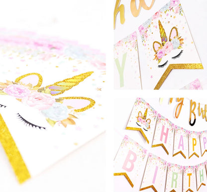 Unicorn-themed Birthday Banner - Golden Horn Unicorn Style - Unicorn-themed Decoration