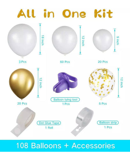 Elegant White Gold Balloon Garland Kit - 108 pcs - Gold White Metallic Golden Confetti Latex Balloons