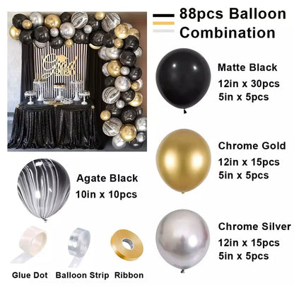 Luxury Black & Gold Balloon Garland Kit - 88 pcs - Metallic Golden Confetti Latex Balloons