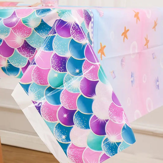 Mermaid Party Theme Disposable Tablecloth - Golden Stars Tablecloth - Girl Birthday Deco - Birthday Decoration