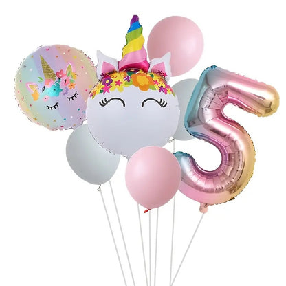 Unicorn-themed Number Balloons Kit - 7 pcs - Rainbow Number Balloons - Helium Supported